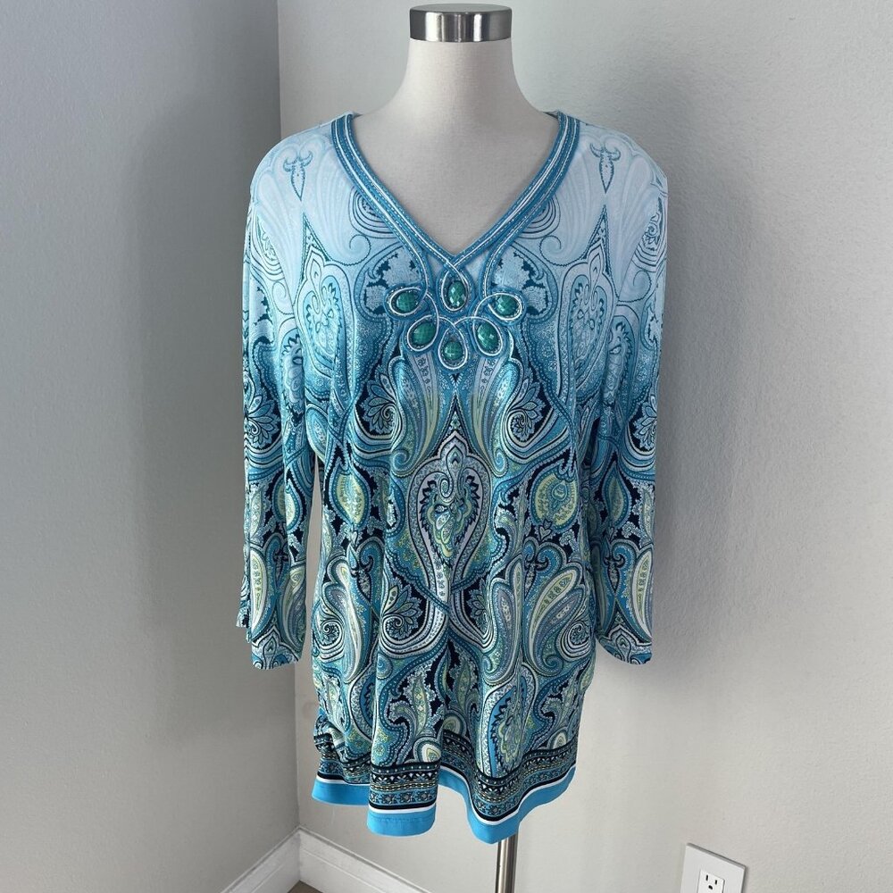 JM Collection Top Womens 2X Blue Paisley Tunic Beaded Embellished V Neck Stretch